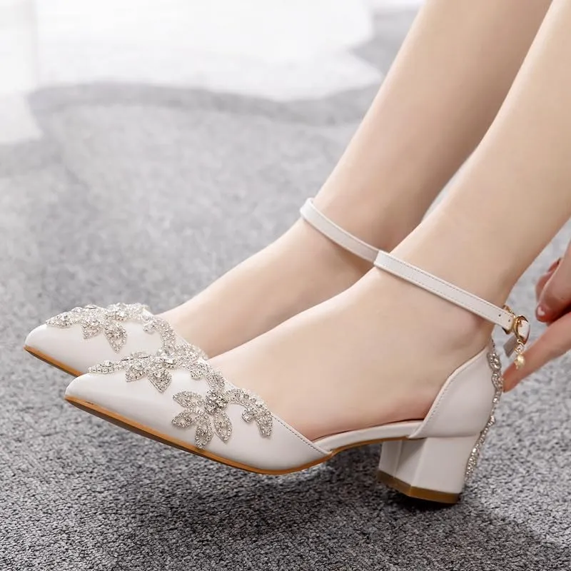 sexytag Crystal Embellished Block Heels Ankle Strap Wedding Shoes for Bride
