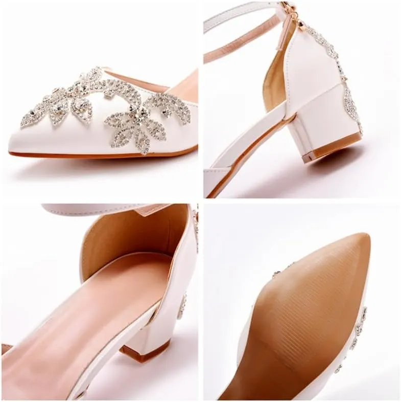 sexytag Crystal Embellished Block Heels Ankle Strap Wedding Shoes for Bride