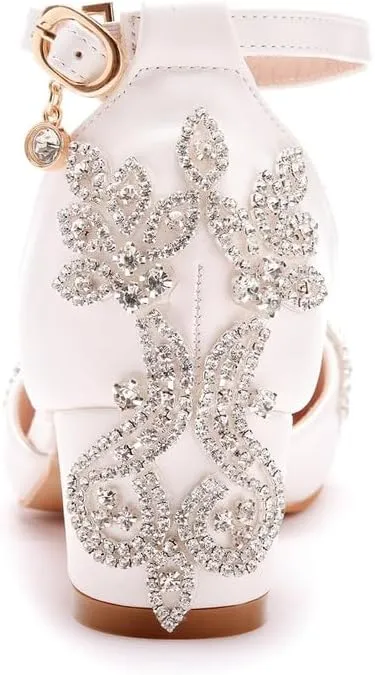 sexytag Crystal Embellished Block Heels Ankle Strap Wedding Shoes for Bride