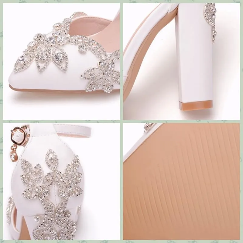 sexytag Crystal Embellished Block Heels Ankle Strap Wedding Shoes for Bride