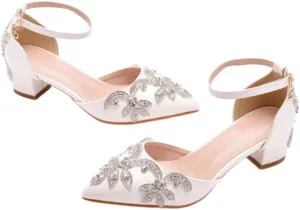 sexytag Crystal Embellished Block Heels Ankle Strap Wedding Shoes for Bride