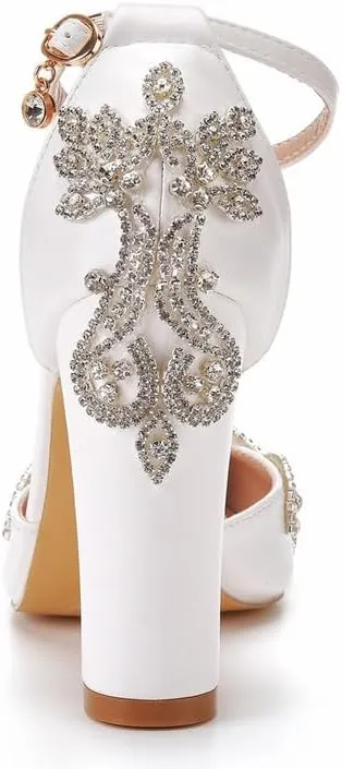 sexytag Crystal Embellished Block Heels Ankle Strap Wedding Shoes for Bride