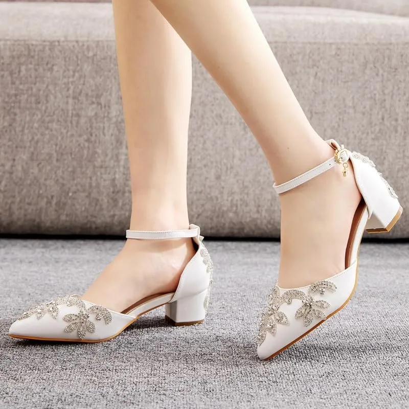sexytag Crystal Embellished Block Heels Ankle Strap Wedding Shoes for Bride