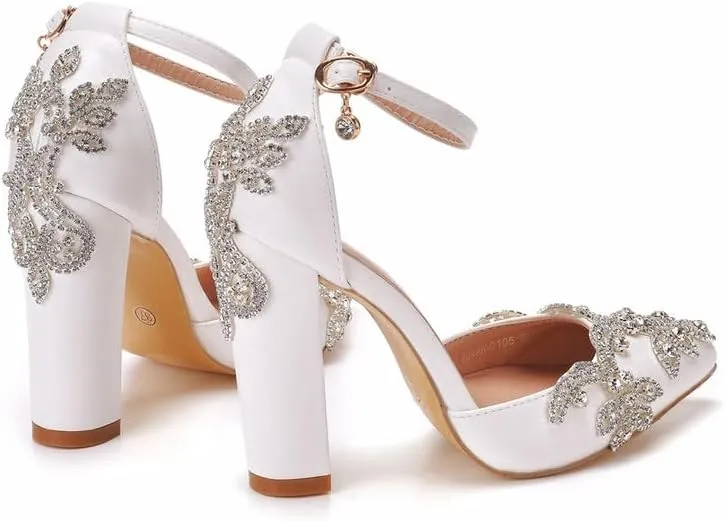 sexytag Crystal Embellished Block Heels Ankle Strap Wedding Shoes for Bride