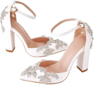 sexytag Crystal Embellished Block Heels Ankle Strap Wedding Shoes for Bride