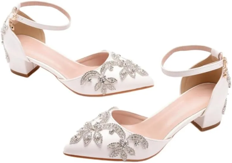 sexytag Crystal Embellished Block Heels Ankle Strap Wedding Shoes for Bride