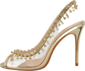 sexytag Women's Crystal Clear Heels Jewel Embellished Peep Toe Stiletto Slingback High Heels Sandals
