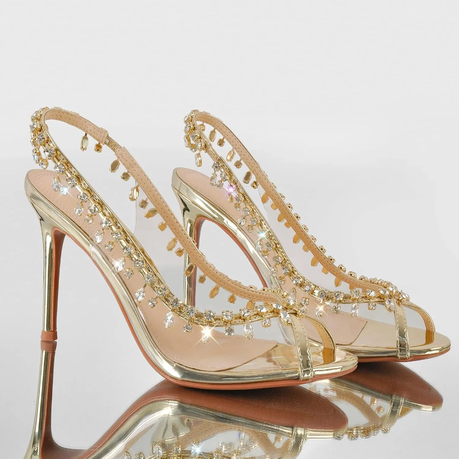sexytag Women's Crystal Clear Heels Jewel Embellished Peep Toe Stiletto Slingback High Heels Sandals