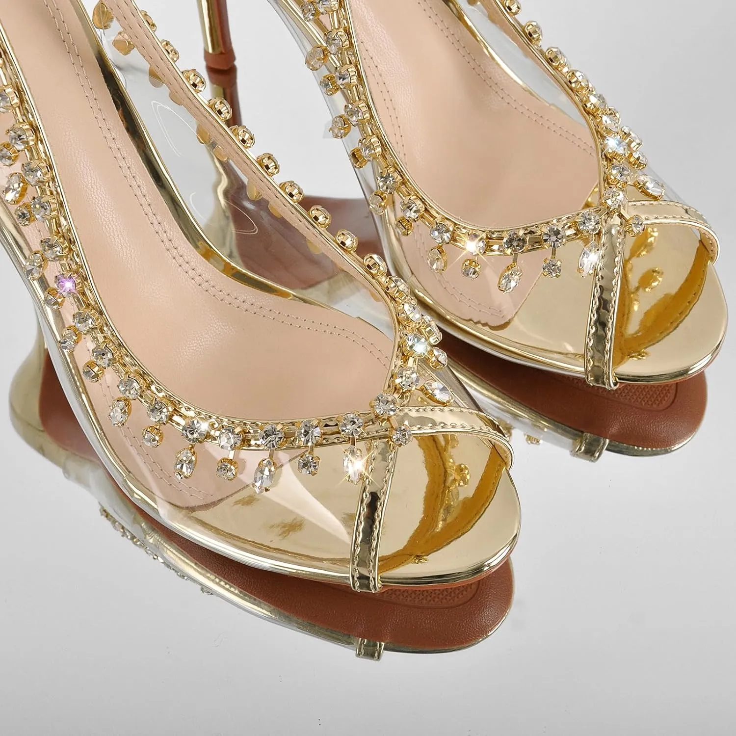 sexytag Women's Crystal Clear Heels Jewel Embellished Peep Toe Stiletto Slingback High Heels Sandals