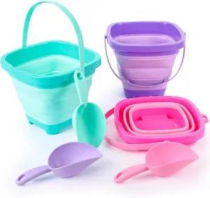 Shindel 3 PCS Foldable Pail Bucket, Collapsible Beach Buckets with Shovels, Travel Sand Toys for Beach Essentials, Camping Traveling, Fun Summer Activities