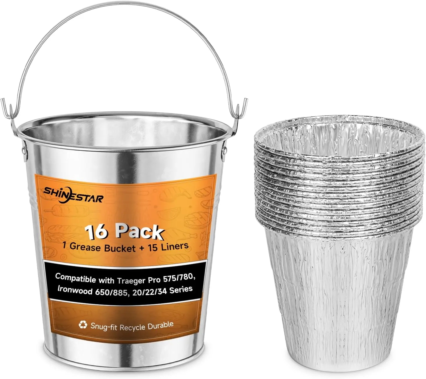 SHINESTAR 16-Pack Grease Bucket & Liners for Traeger Pro 575/780, Ironwood 650/885, 20/22/34 Series, Disposable Aluminum Drip Bucket Liner, HDW152