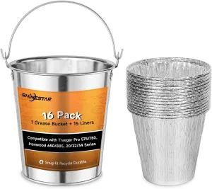 SHINESTAR 16-Pack Grease Bucket & Liners for Traeger Pro 575/780, Ironwood 650/885, 20/22/34 Series, Disposable Aluminum Drip Bucket Liner, HDW152