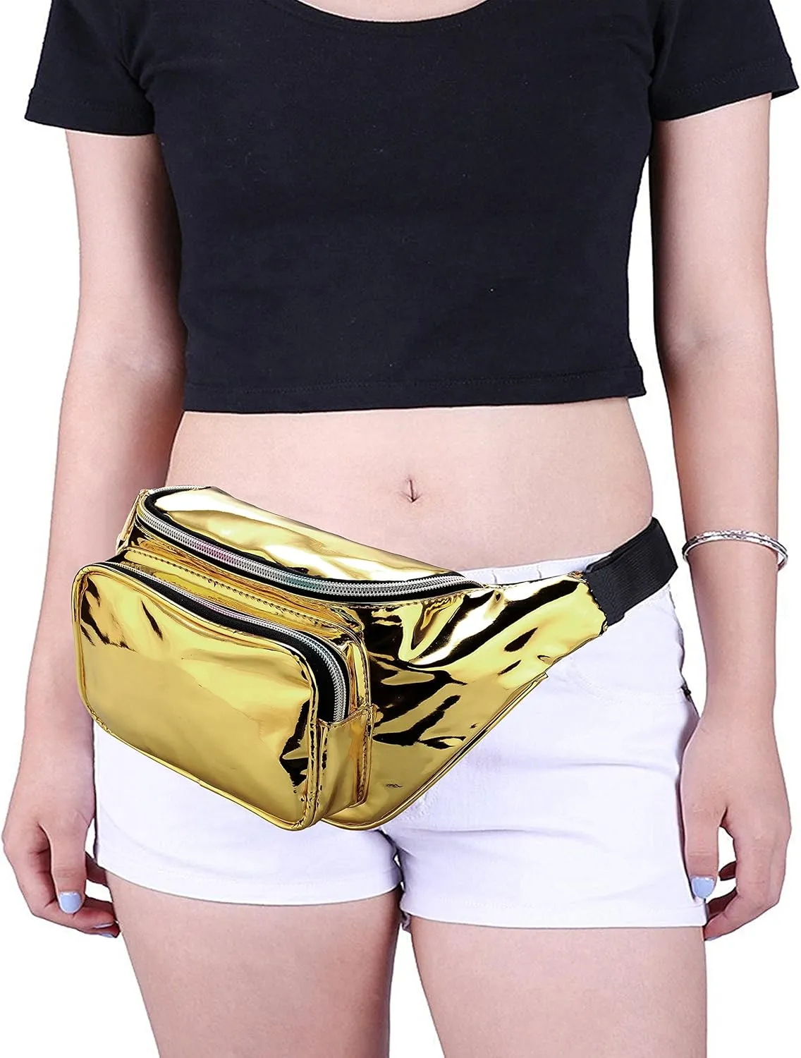 Shiny Neon Fanny Bag for Women Rave Festival Hologram Bum Travel Waist Pack (Gold)