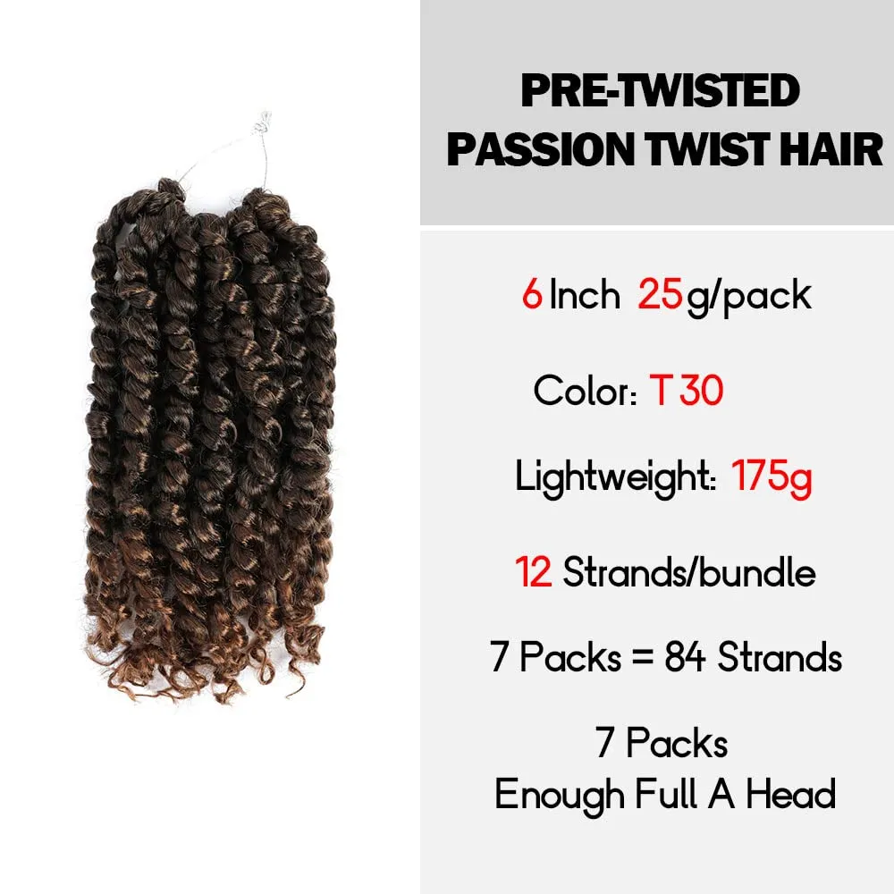 Short Passion Twist Hair 6 Inch Pre-twisted Passion Twists Crochet Hair Ombre Light Brown Pre-looped Synthetic Crochet Braids (7 Packs,T30)