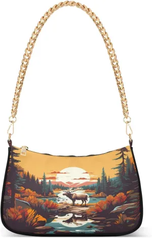 Shoulder Bags for Women Deer Forest Landscape Hobo Tote Handbag Small Clutch Purse with Zipper Closure