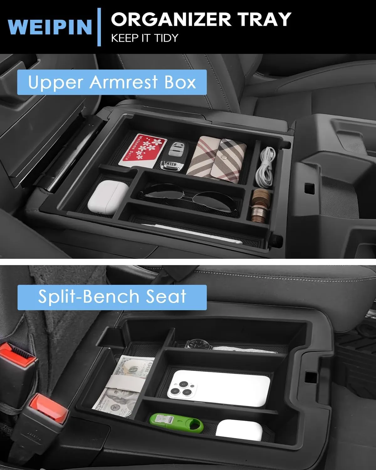 Silverado Sierra Center Console Organizer - Compatible with 2019-2025 Chevy Silverado/GMC Sierra 1500 - 2020-2025 Chevrolet Silverado/ Sierra 2500HD 3500HD - (Split-Bench Folding Seat) - 2 Pack Black