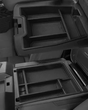 Silverado Sierra Center Console Organizer - Compatible with 2019-2025 Chevy Silverado/GMC Sierra 1500 - 2020-2025 Chevrolet Silverado/ Sierra 2500HD 3500HD - (Split-Bench Folding Seat) - 2 Pack Black