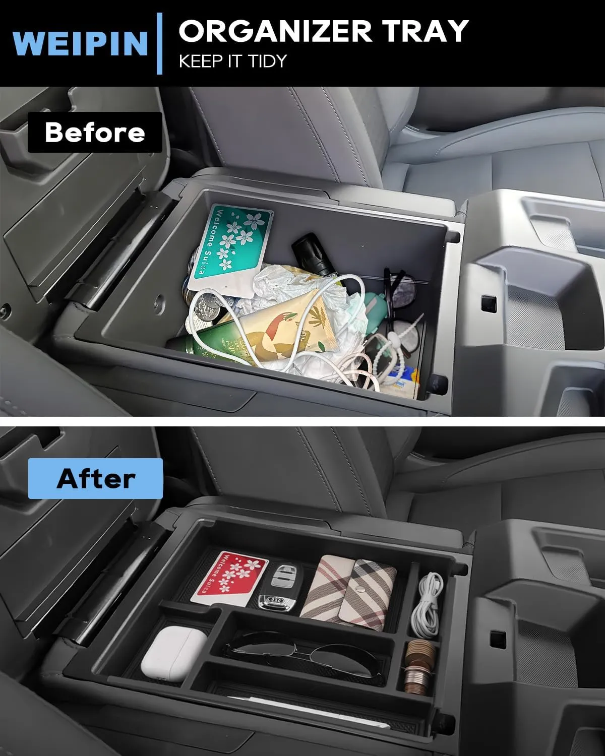 Silverado Sierra Center Console Organizer - Compatible with 2019-2025 Chevy Silverado/GMC Sierra 1500 - 2020-2025 Chevrolet Silverado/ Sierra 2500HD 3500HD - (Split-Bench Folding Seat) - 2 Pack Black