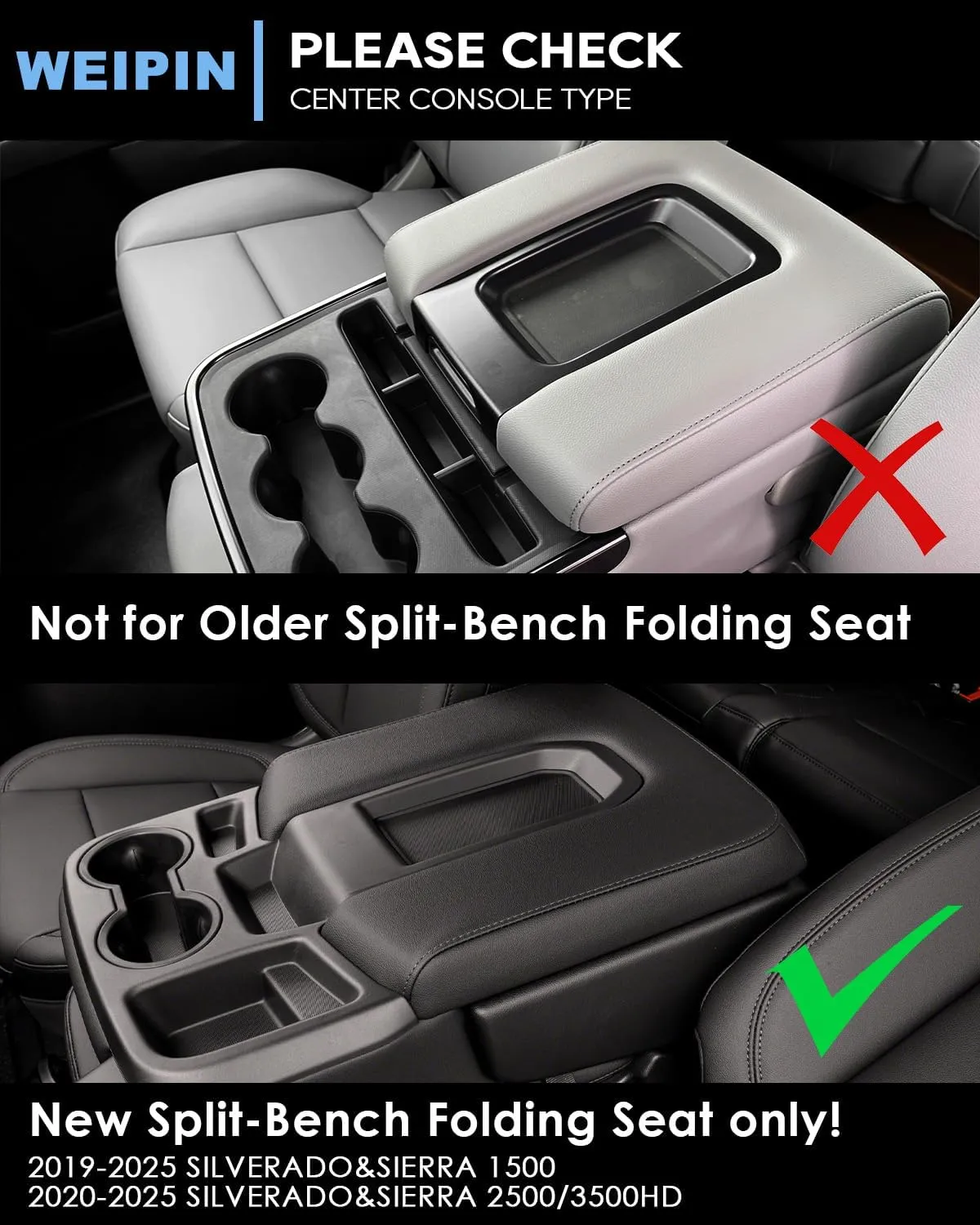 Silverado Sierra Center Console Organizer - Compatible with 2019-2025 Chevy Silverado/GMC Sierra 1500 - 2020-2025 Chevrolet Silverado/ Sierra 2500HD 3500HD - (Split-Bench Folding Seat) - 2 Pack Black