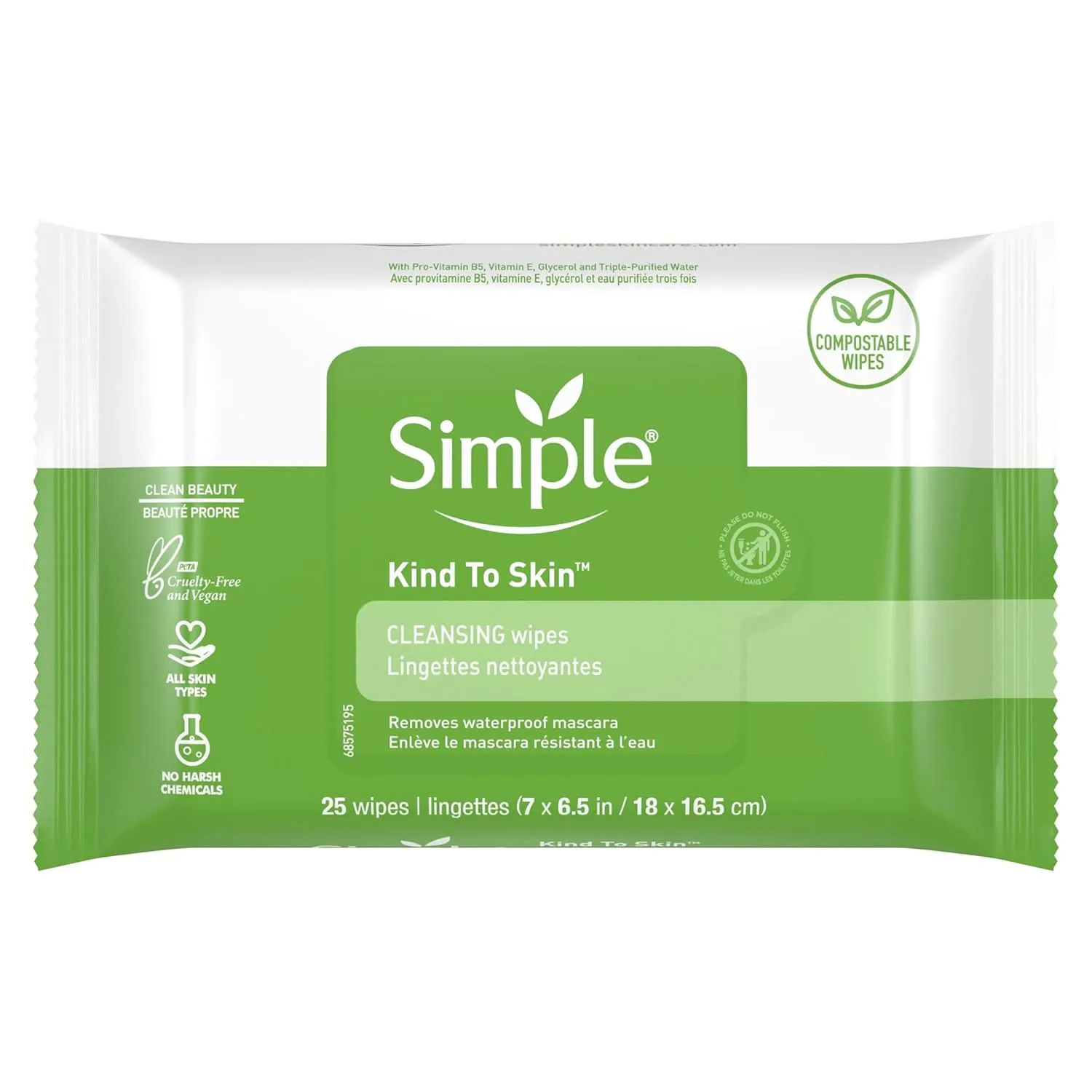 Simple Sensitive Skin Makeup Removing Cleansing Wipes No Harsh Chemicals, 25 Count (Pack of 3)