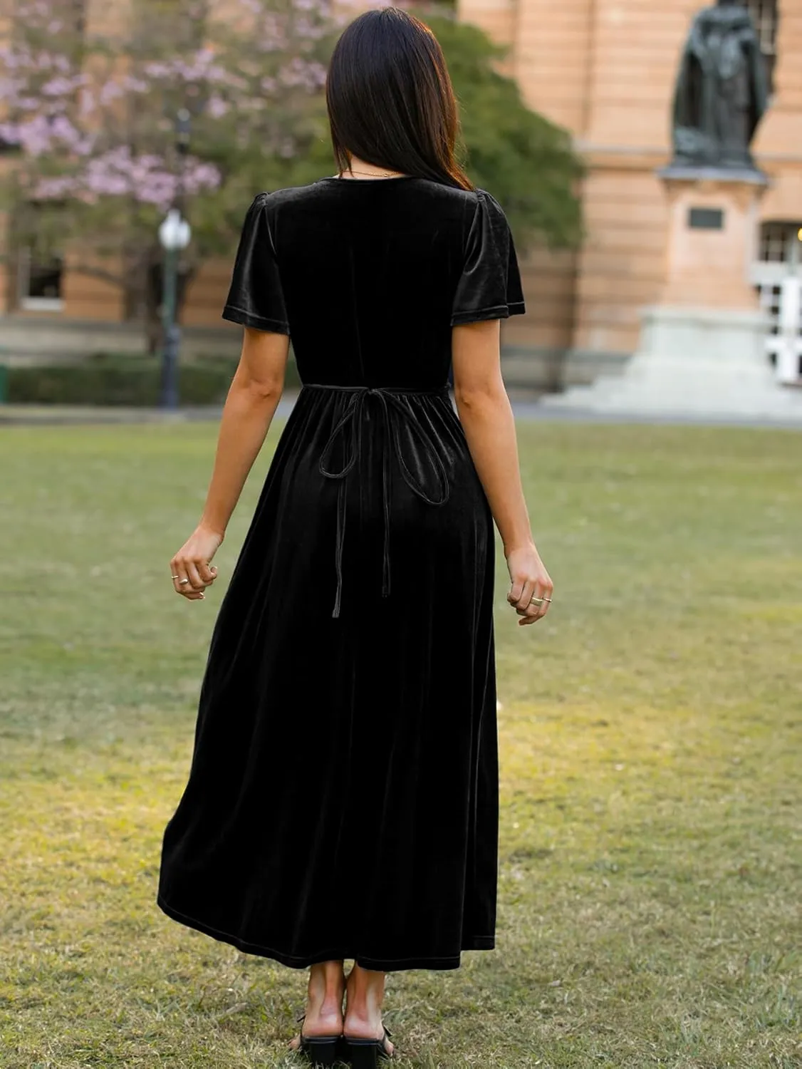 Simplee Women's Formal V Neck Wrap Short Sleeve Velvet Maxi Dress Elegant Bell Sleeve Slit Party Long Dresses