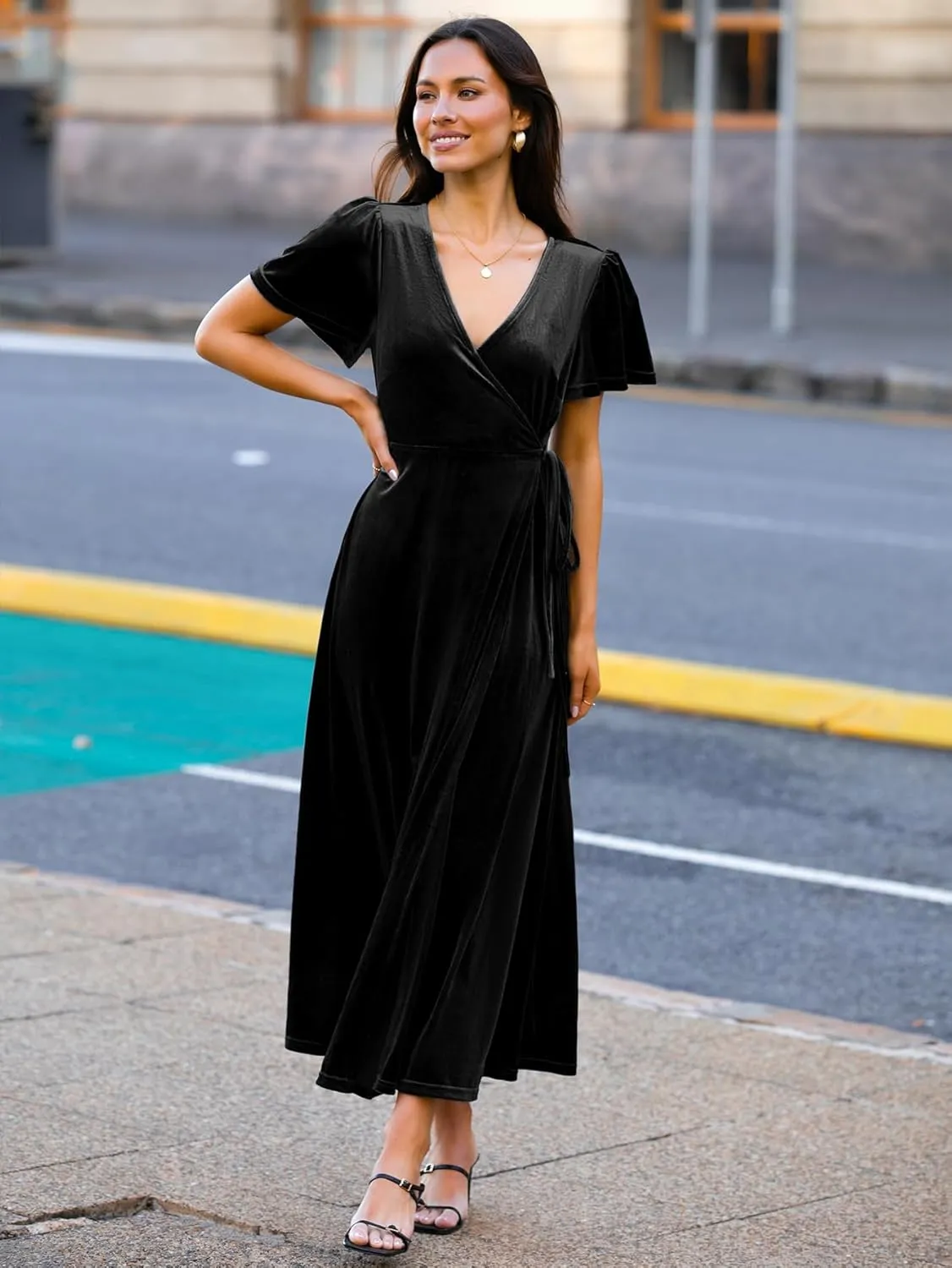 Simplee Women's Formal V Neck Wrap Short Sleeve Velvet Maxi Dress Elegant Bell Sleeve Slit Party Long Dresses