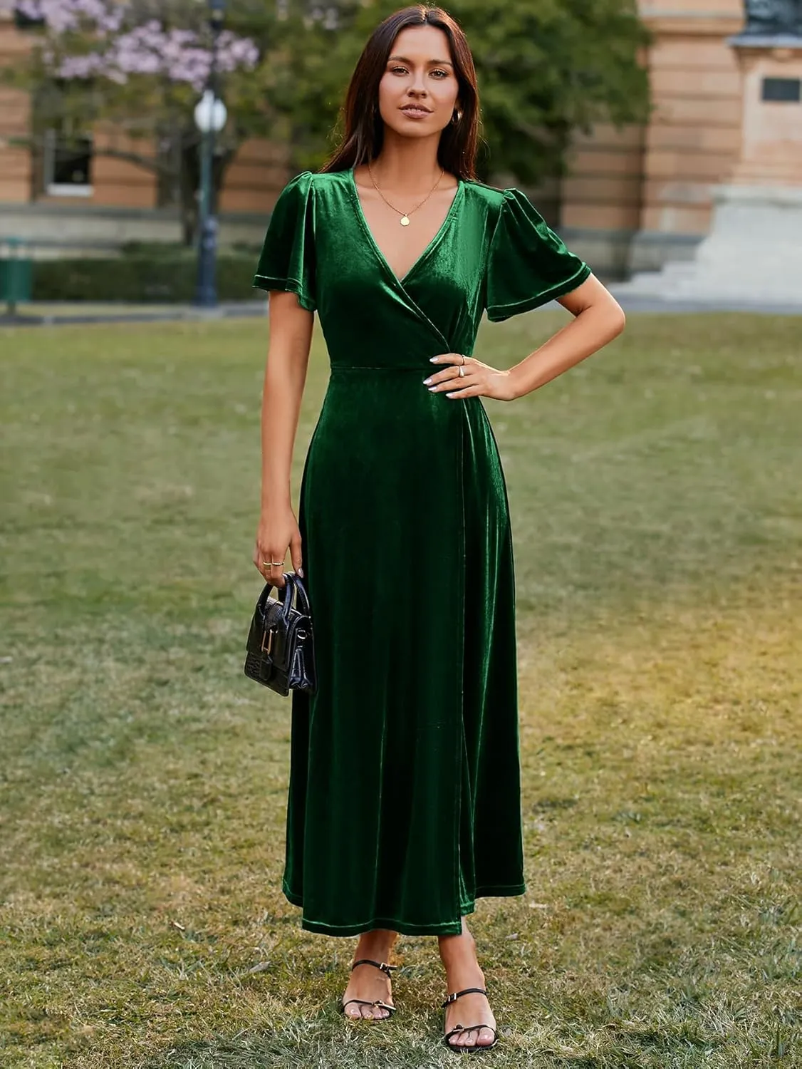 Simplee Women's Formal V Neck Wrap Short Sleeve Velvet Maxi Dress Elegant Bell Sleeve Slit Party Long Dresses
