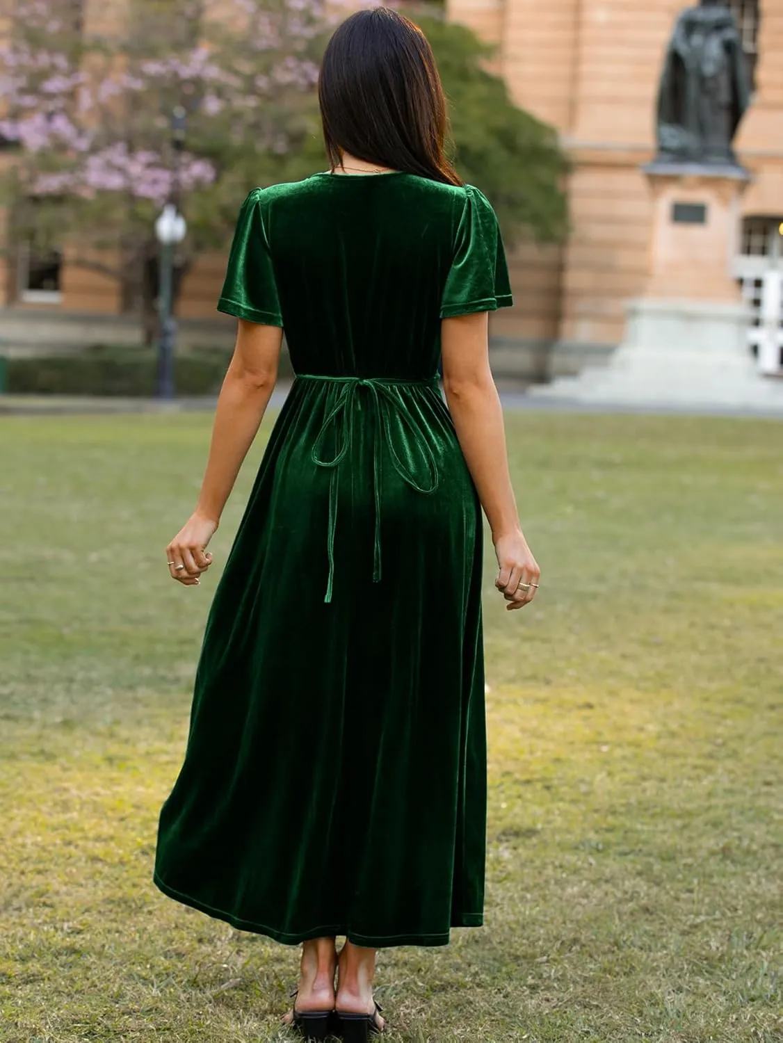Simplee Women's Formal V Neck Wrap Short Sleeve Velvet Maxi Dress Elegant Bell Sleeve Slit Party Long Dresses