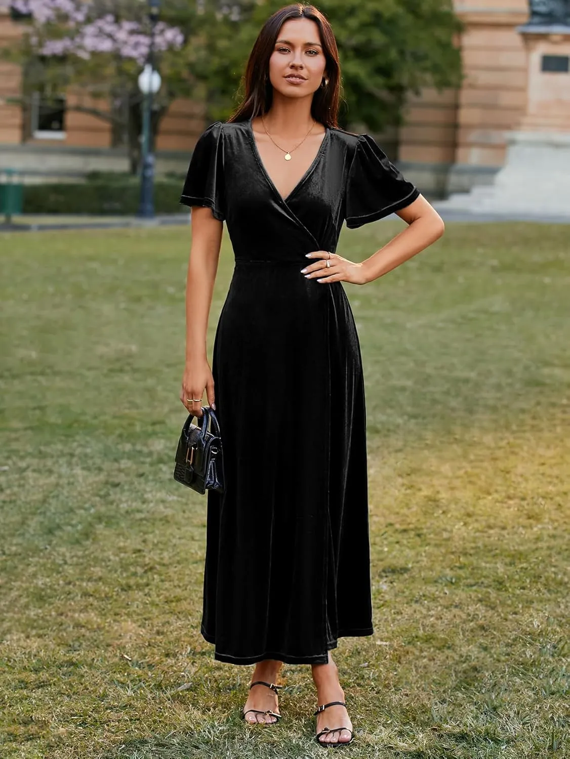 Simplee Women's Formal V Neck Wrap Short Sleeve Velvet Maxi Dress Elegant Bell Sleeve Slit Party Long Dresses