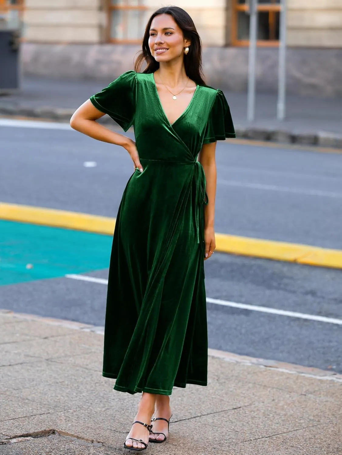 Simplee Women's Formal V Neck Wrap Short Sleeve Velvet Maxi Dress Elegant Bell Sleeve Slit Party Long Dresses