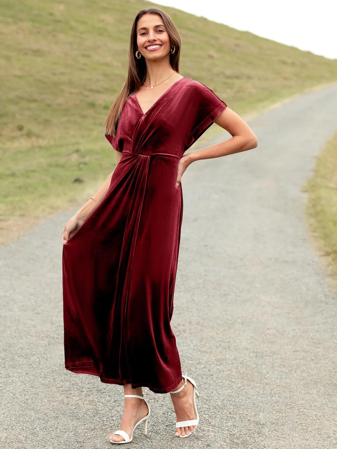 Simplee Women's Velvet Maxi Dress Short Sleeve V Neck Fall Wedding Guest Dress Twiss Front Long Formal Bodycon Prom Dress