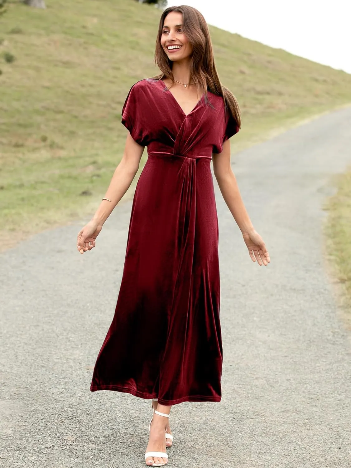 Simplee Women's Velvet Maxi Dress Short Sleeve V Neck Fall Wedding Guest Dress Twiss Front Long Formal Bodycon Prom Dress