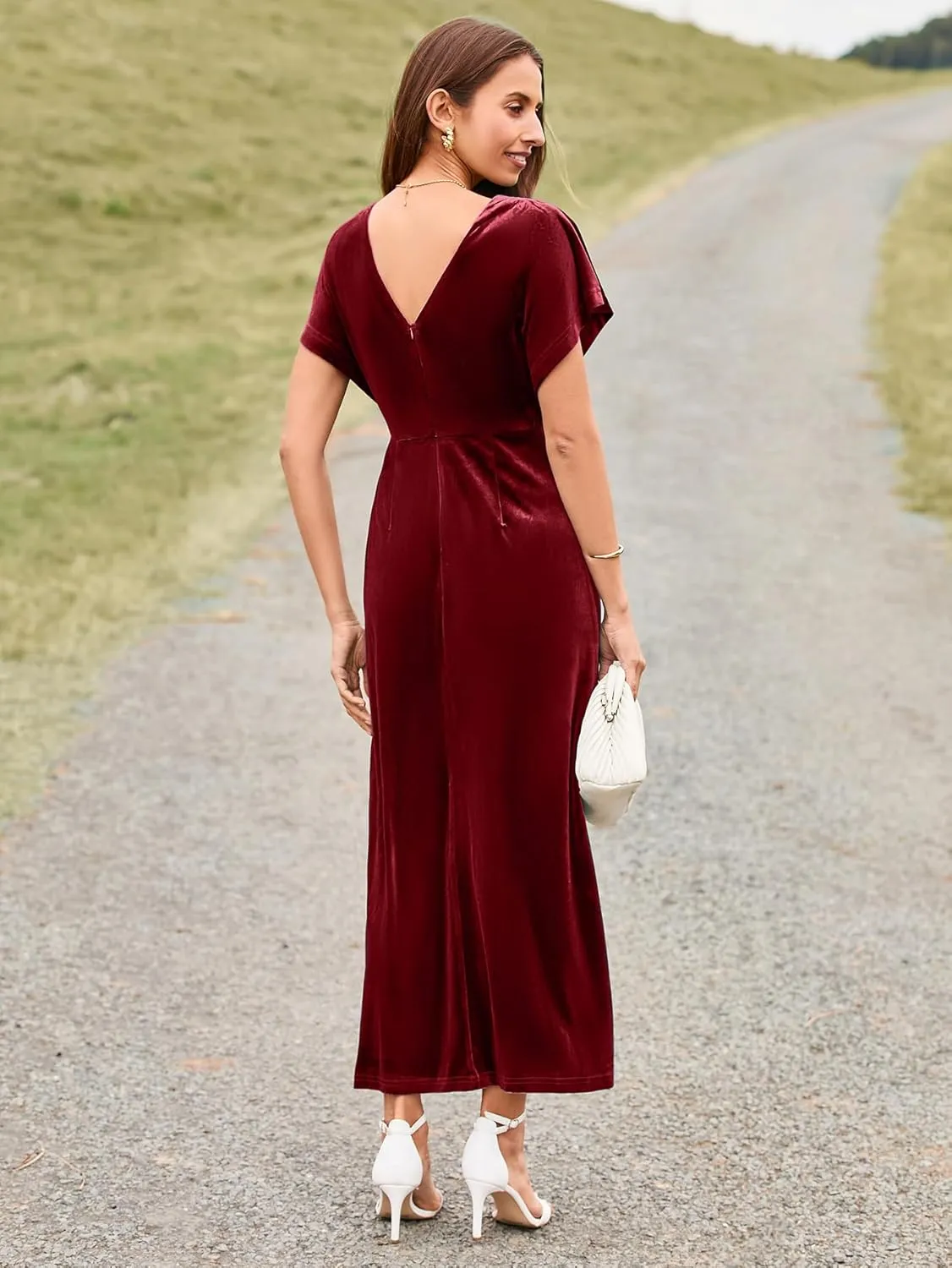 Simplee Women's Velvet Maxi Dress Short Sleeve V Neck Fall Wedding Guest Dress Twiss Front Long Formal Bodycon Prom Dress