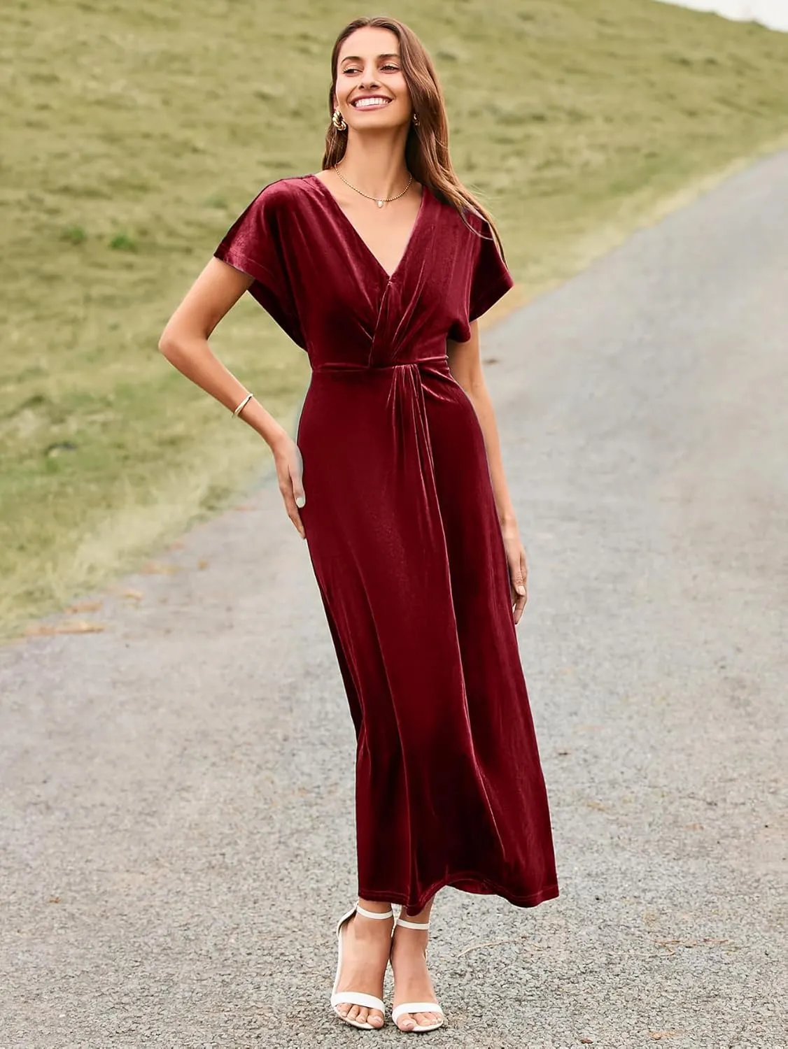 Simplee Women's Velvet Maxi Dress Short Sleeve V Neck Fall Wedding Guest Dress Twiss Front Long Formal Bodycon Prom Dress