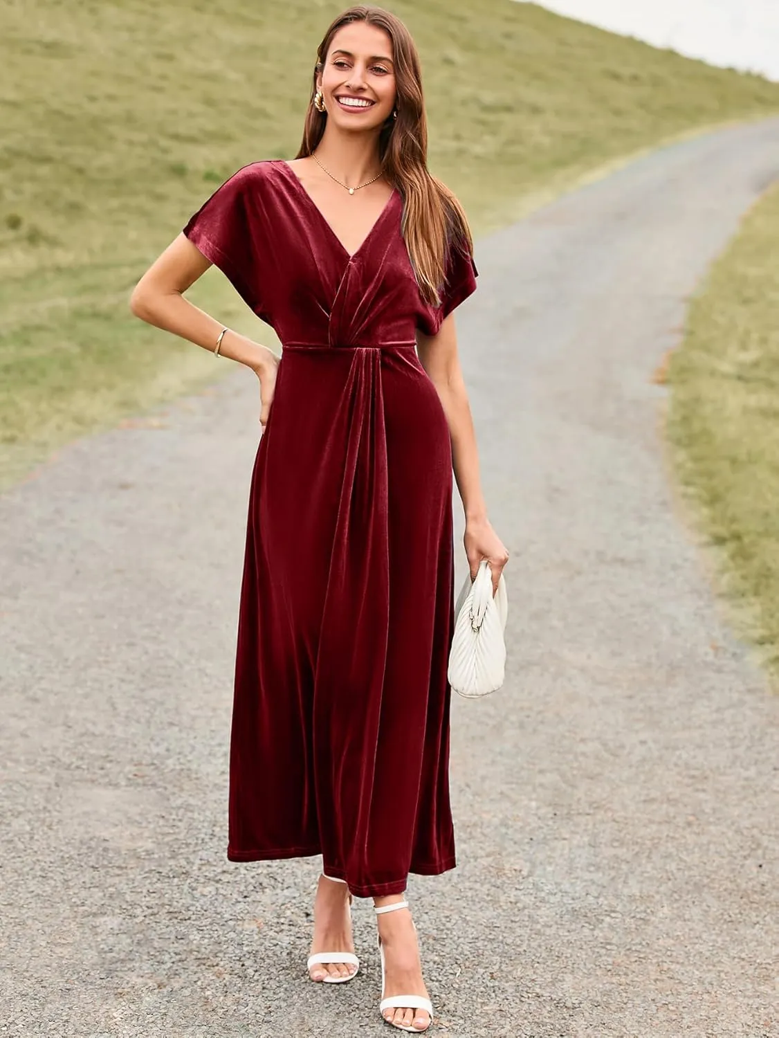 Simplee Women's Velvet Maxi Dress Short Sleeve V Neck Fall Wedding Guest Dress Twiss Front Long Formal Bodycon Prom Dress