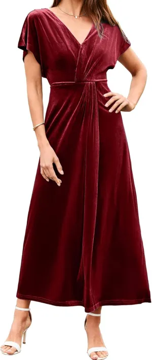 Simplee Women's Velvet Maxi Dress Short Sleeve V Neck Fall Wedding Guest Dress Twiss Front Long Formal Bodycon Prom Dress
