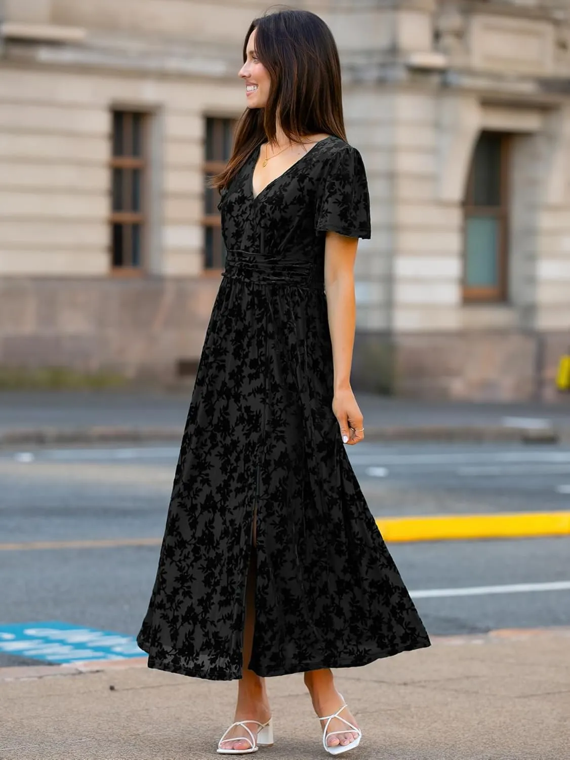 Simplee Women's Velvet Maxi Dress V Neck Short Sleeve Empire Waist Semi Formal Long Cocktail Dresses