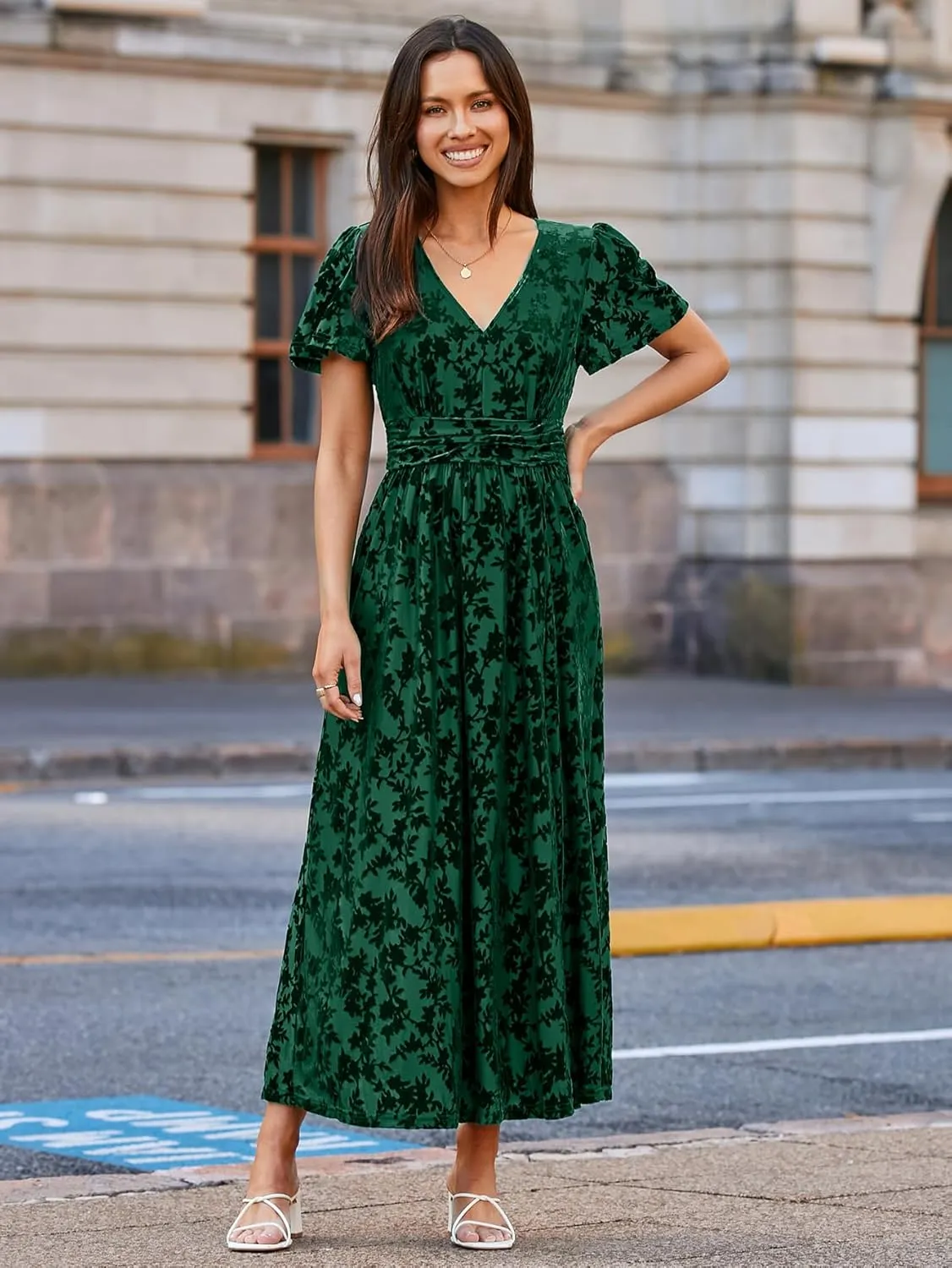 Simplee Women's Velvet Maxi Dress V Neck Short Sleeve Empire Waist Semi Formal Long Cocktail Dresses