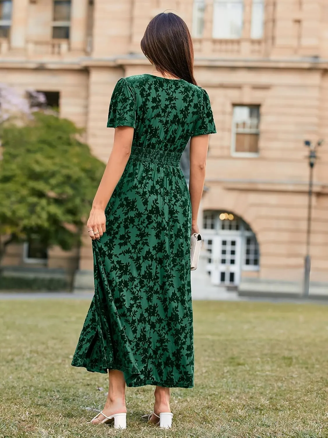Simplee Women's Velvet Maxi Dress V Neck Short Sleeve Empire Waist Semi Formal Long Cocktail Dresses