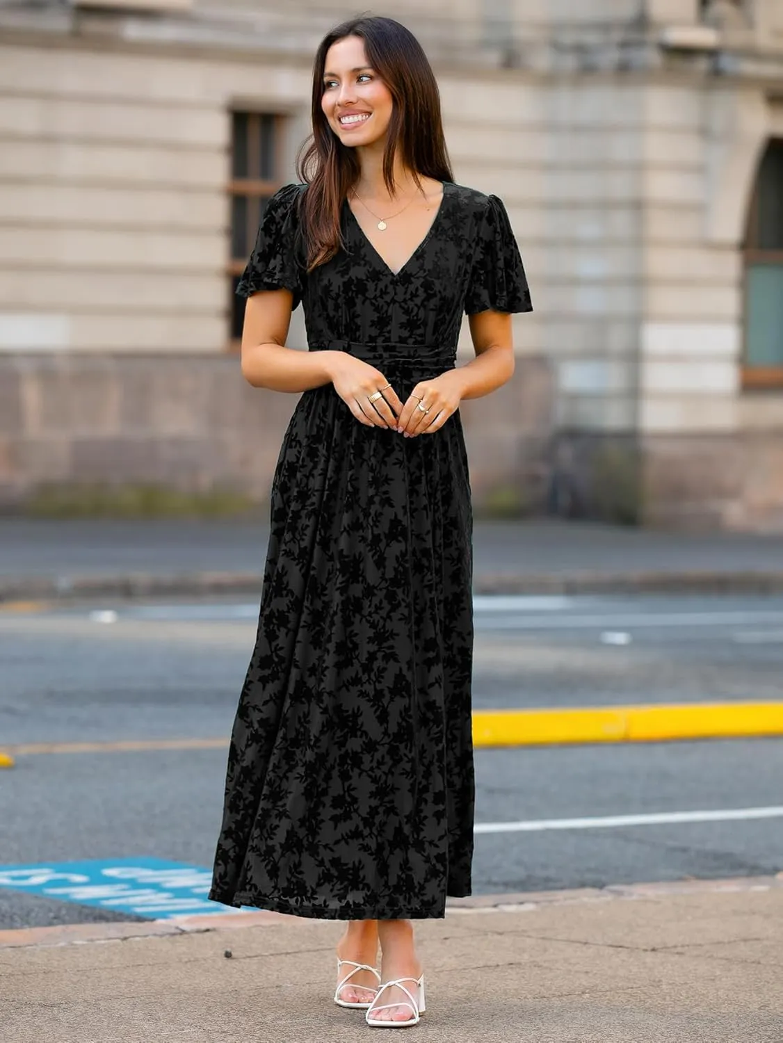 Simplee Women's Velvet Maxi Dress V Neck Short Sleeve Empire Waist Semi Formal Long Cocktail Dresses
