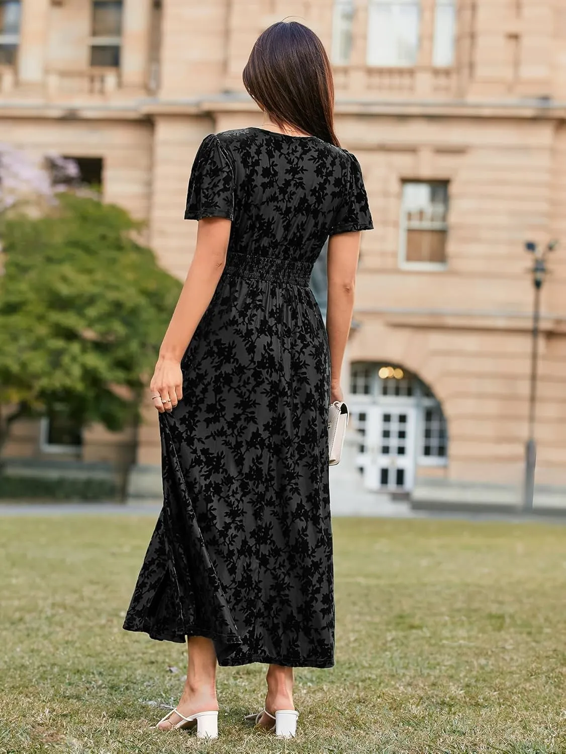 Simplee Women's Velvet Maxi Dress V Neck Short Sleeve Empire Waist Semi Formal Long Cocktail Dresses