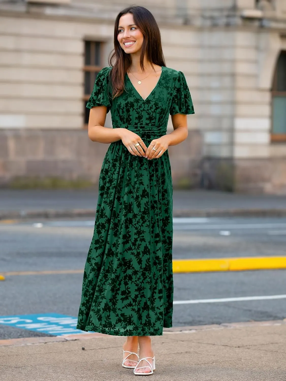 Simplee Women's Velvet Maxi Dress V Neck Short Sleeve Empire Waist Semi Formal Long Cocktail Dresses