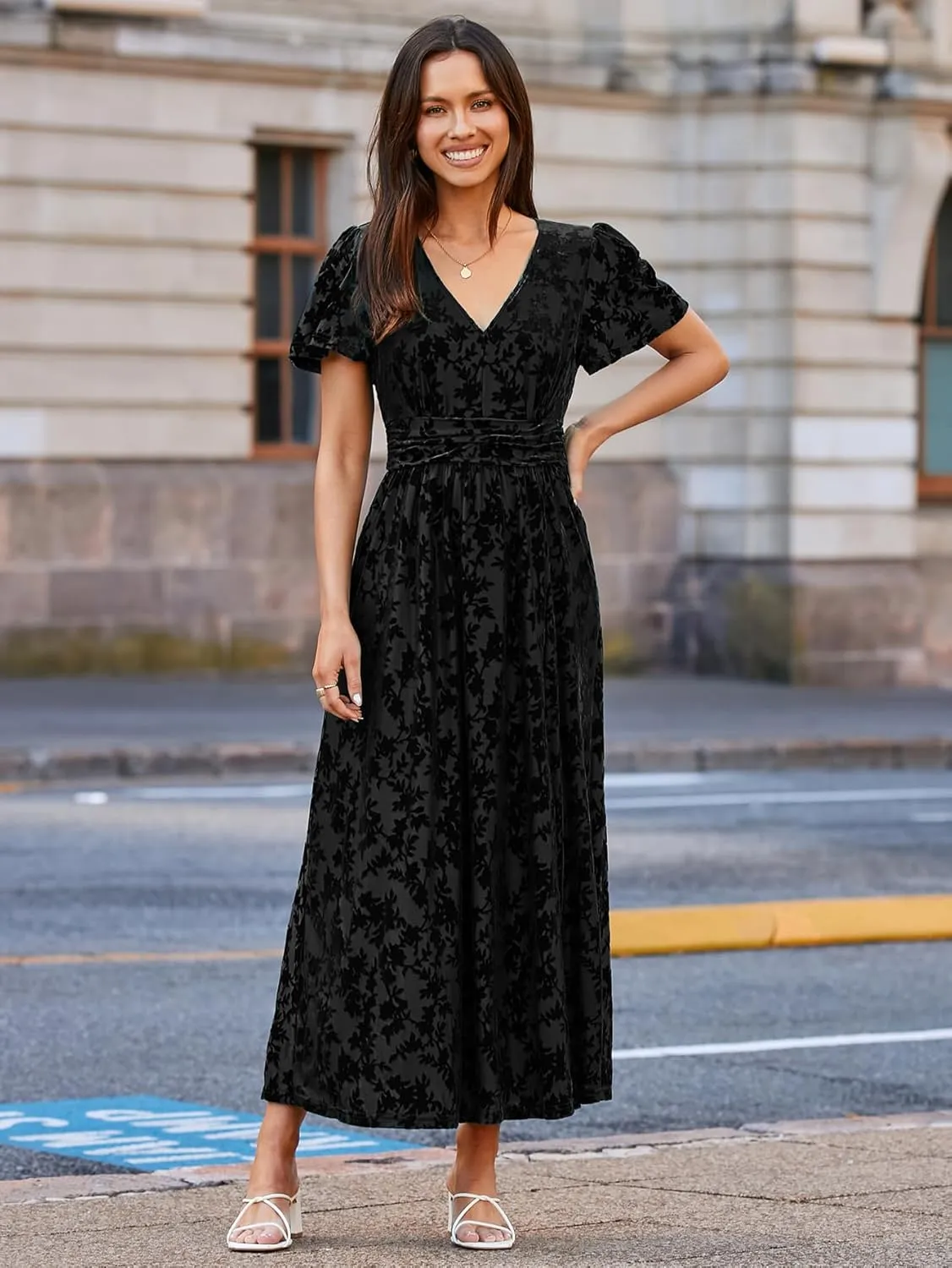 Simplee Women's Velvet Maxi Dress V Neck Short Sleeve Empire Waist Semi Formal Long Cocktail Dresses
