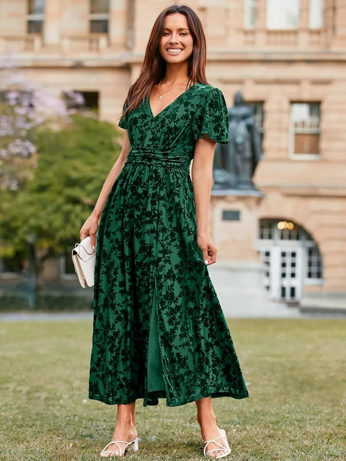 Simplee Women's Velvet Maxi Dress V Neck Short Sleeve Empire Waist Semi Formal Long Cocktail Dresses
