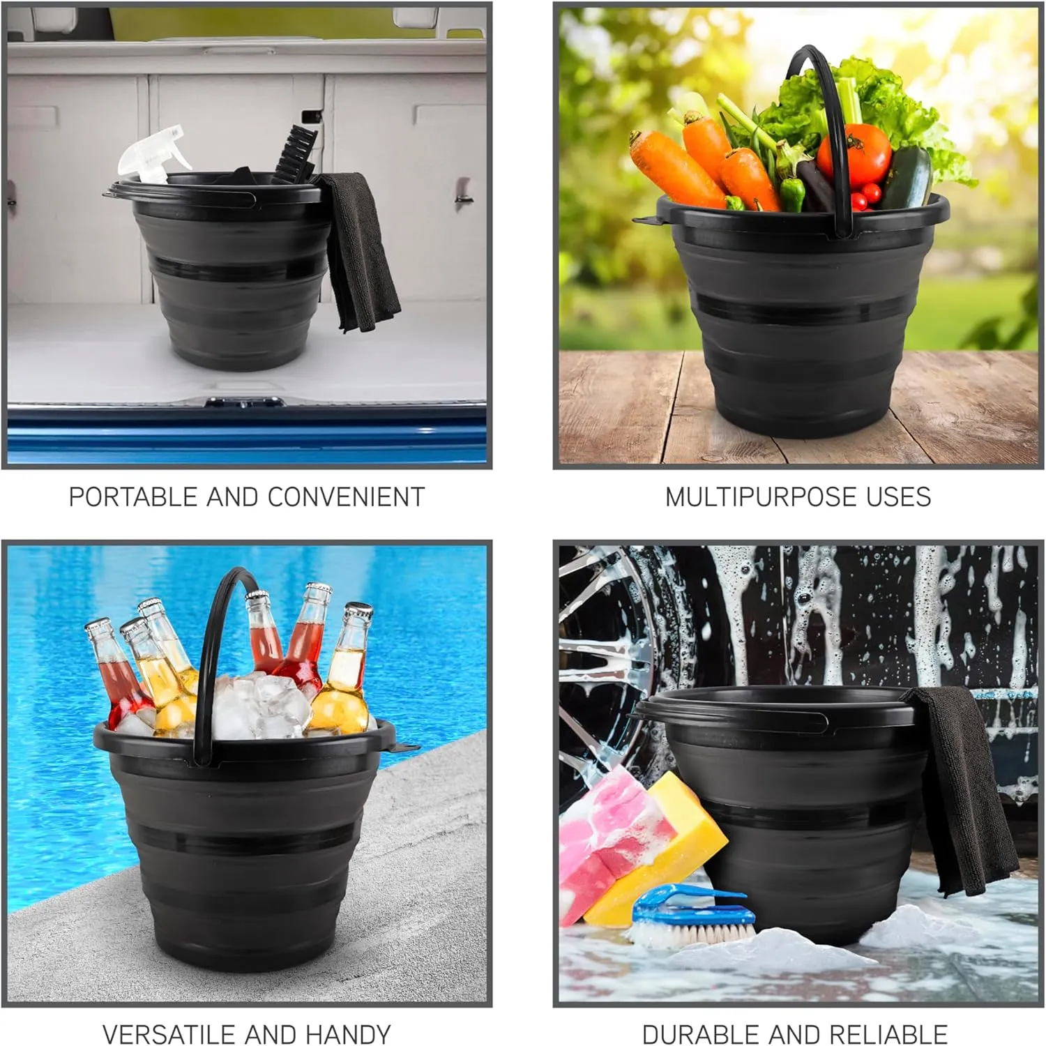 SIMPLEMADE Collapsible Bucket Cleaning Set - Includes 2 Foldable Buckets, Spray Bottle, Rag, Scrubbing Brush and Sponge - Holds Up to 10 liters, Easy Storage, All-Purpose Cleaning Solution