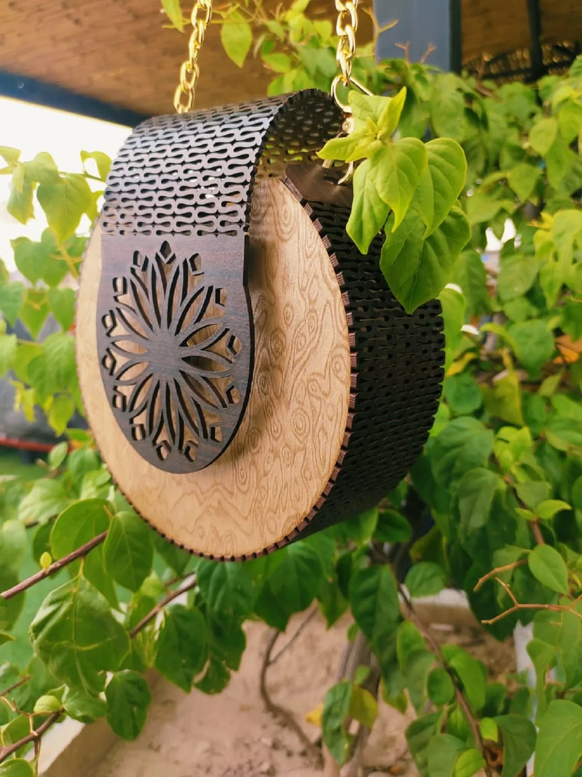 Skin and Black Wooden Crossbody Bag