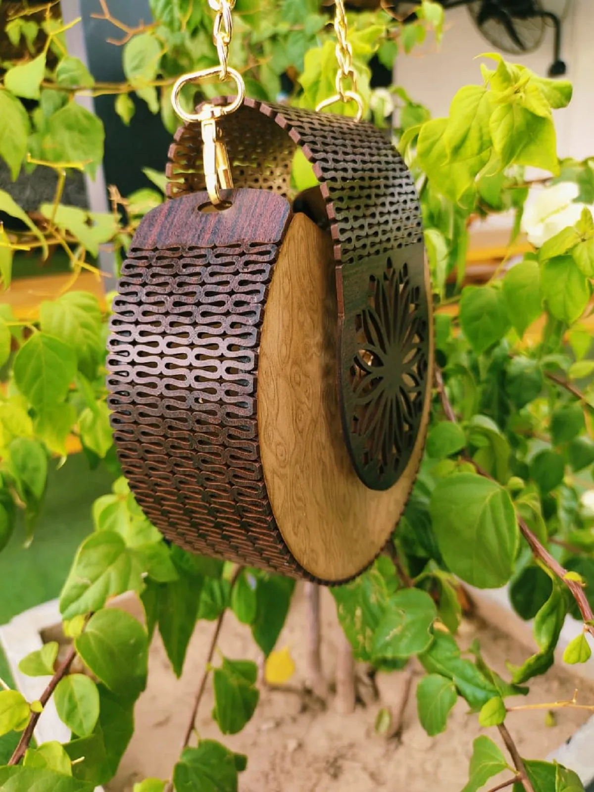 Skin and Black Wooden Crossbody Bag