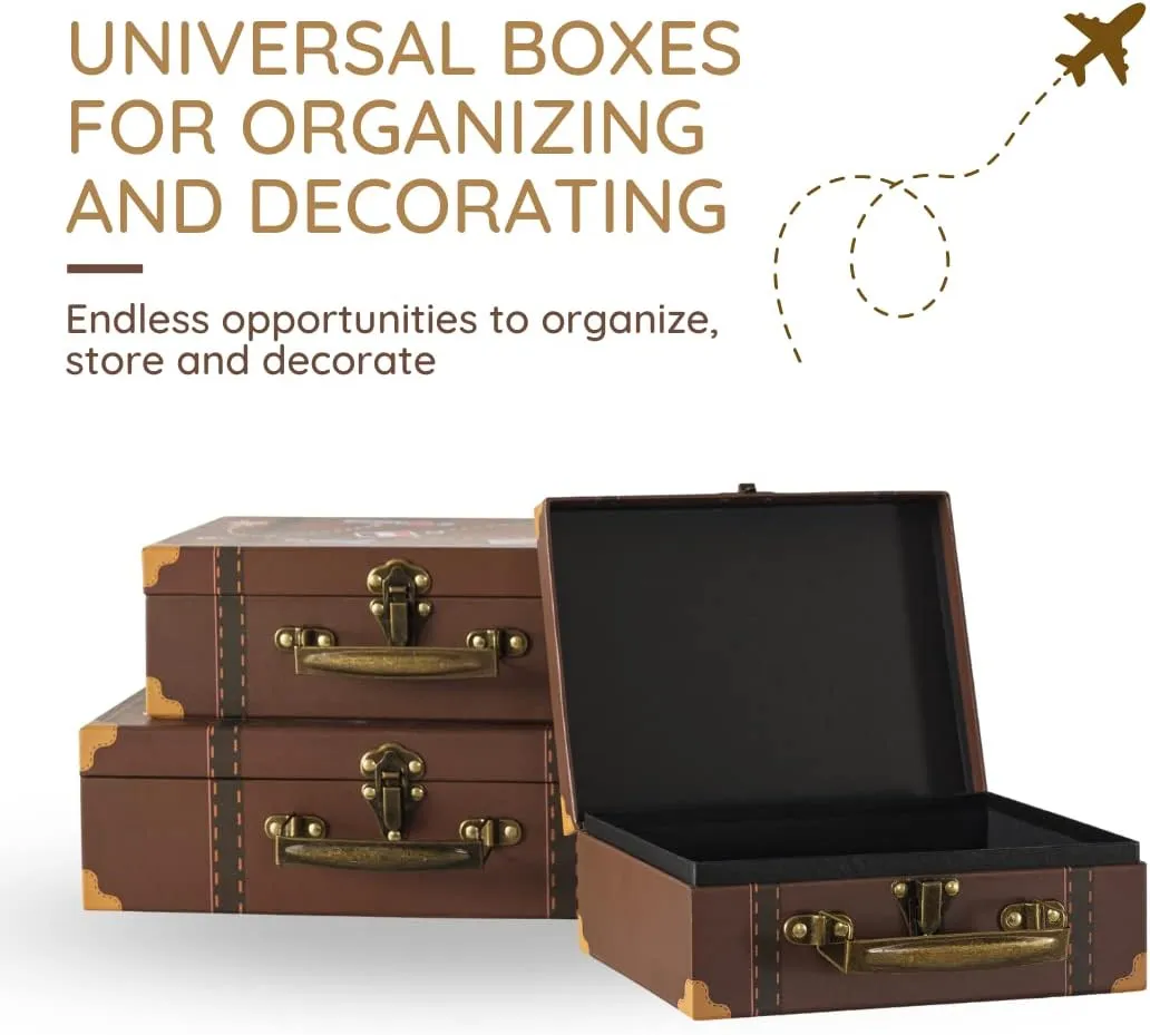 SLPR Brown Small Suitcase Boxes (Set of 3) | Paperboard Travel Style Decorative Storage for Birthday Wedding Decoration | Largest Suitcase is 12'' Length x 8'' Width x 3.5'' Height