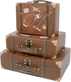 SLPR Brown Small Suitcase Boxes (Set of 3) | Paperboard Travel Style Decorative Storage for Birthday Wedding Decoration | Largest Suitcase is 12'' Length x 8'' Width x 3.5'' Height