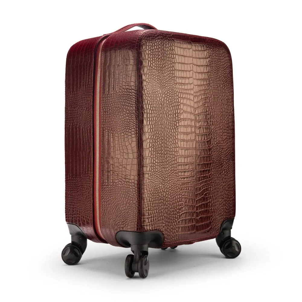 Small 4 Wheel Leather Suitcase - Burgundy Croc-Effect